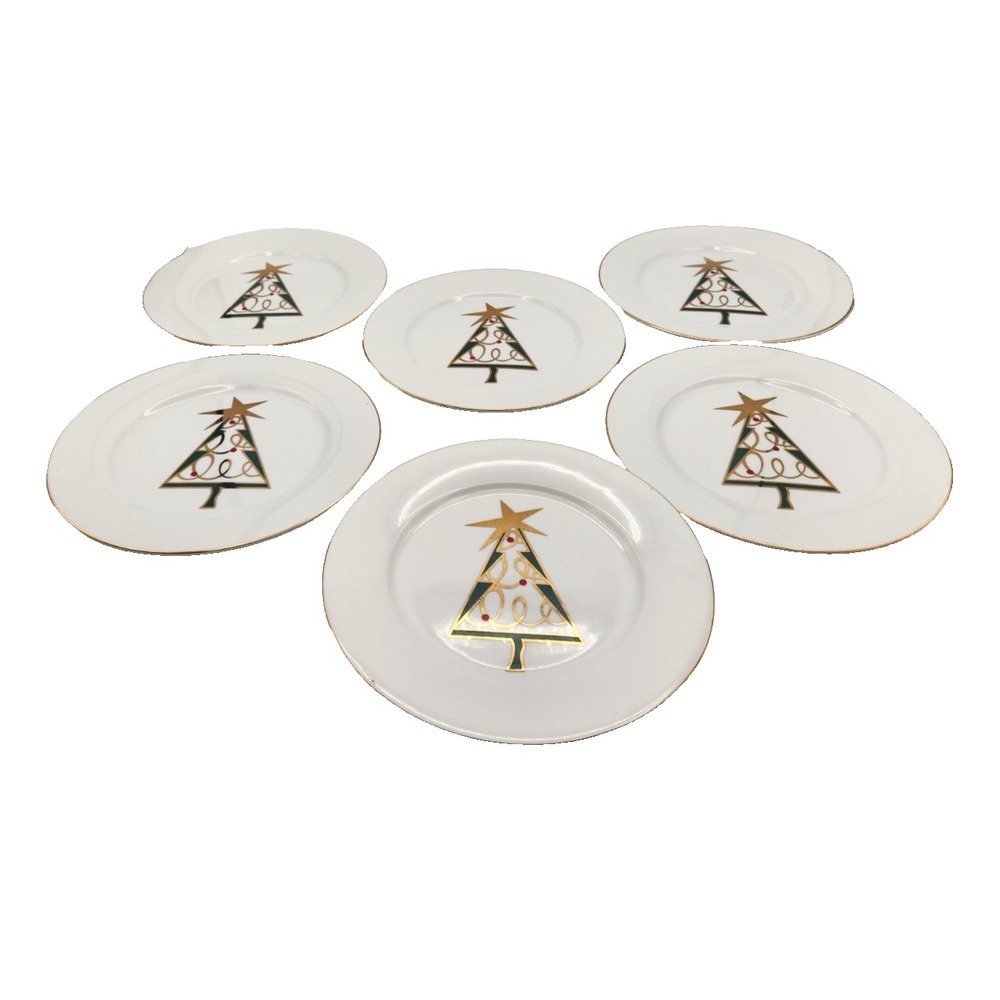 Pier 1 Imports Dessert Plates Christmas Tree Set 6 Red Green Gold Discontinued